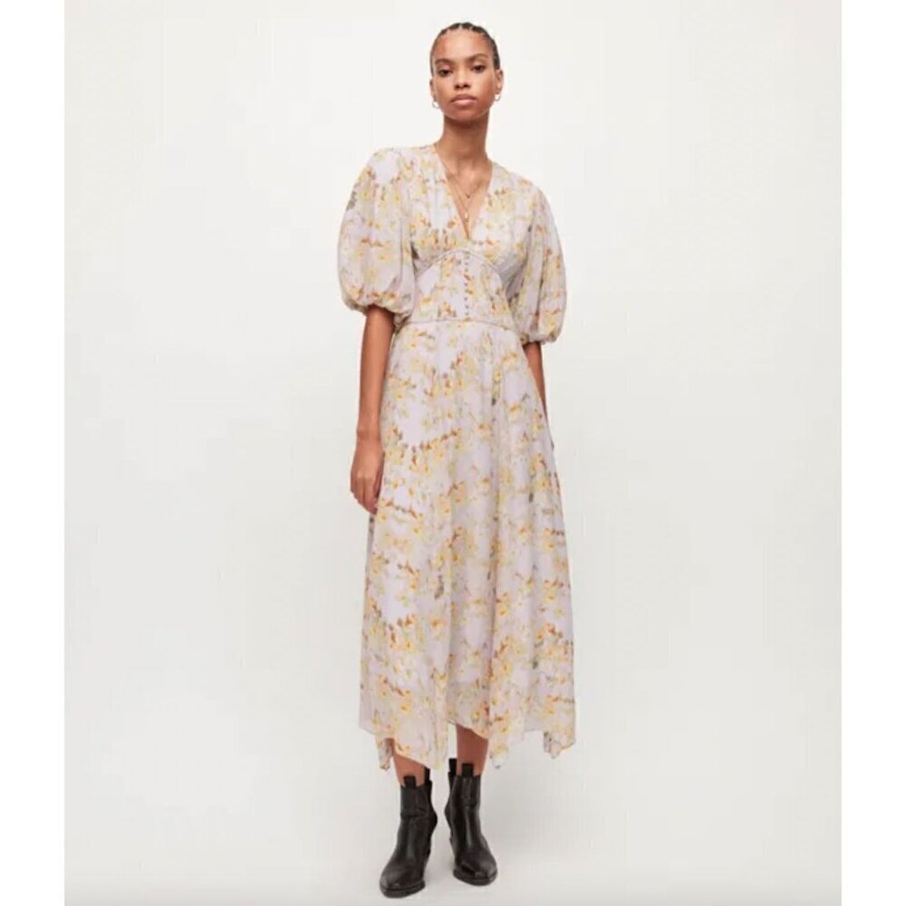 AllSaints Aspen Momo Floral Midi Dress Purple Womens SIze 10